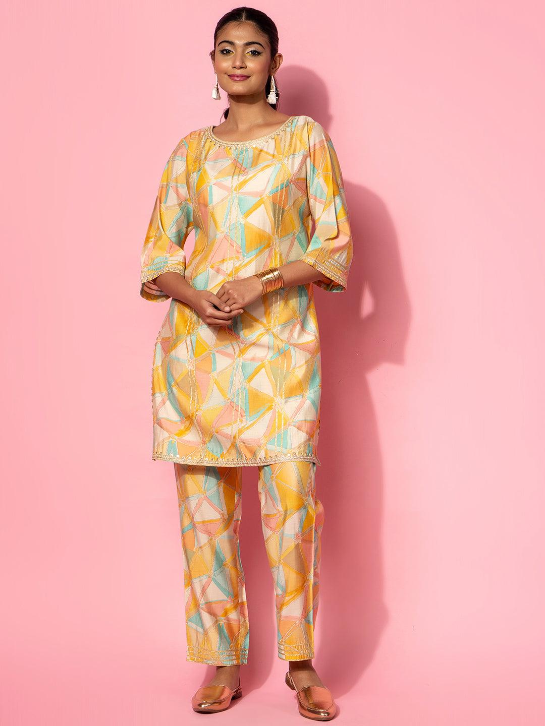 Yellow Printed Silk Blend Co-Ords