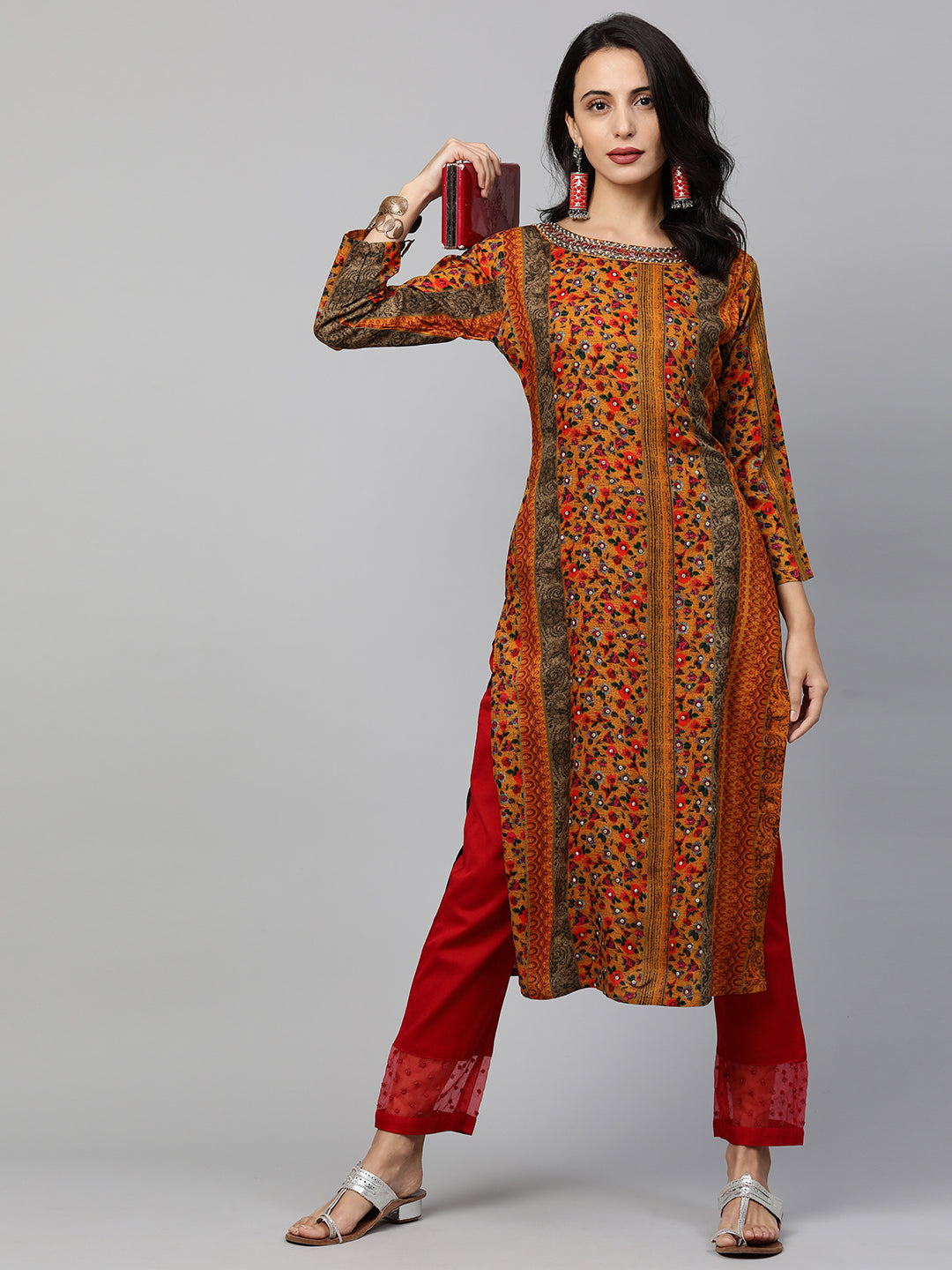 Ethnic Printed & Embroidered Straight Kurta - Multi