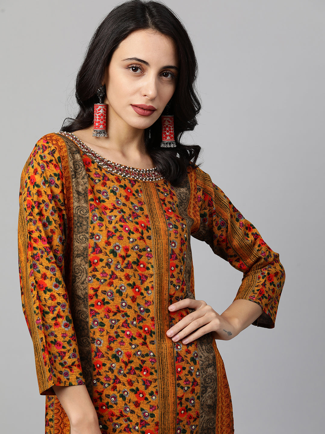 Ethnic Printed & Embroidered Straight Kurta - Multi