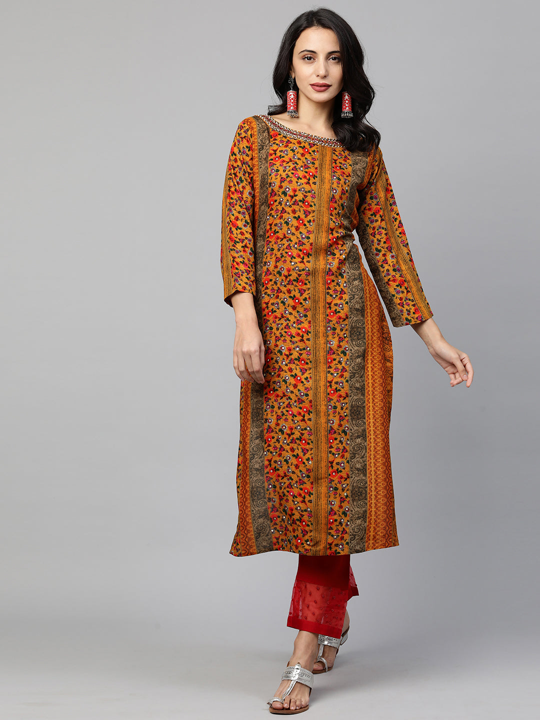 Ethnic Printed & Embroidered Straight Kurta - Multi