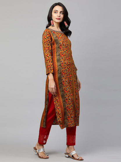 Ethnic Printed & Embroidered Straight Kurta - Multi