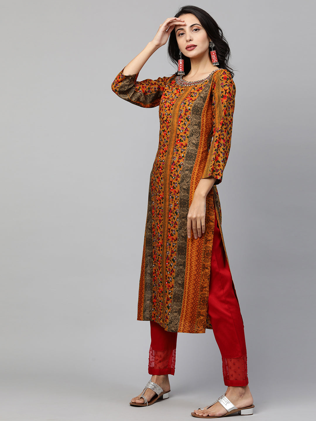 Ethnic Printed & Embroidered Straight Kurta - Multi