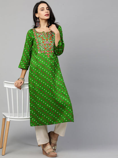 Bandhani & Floral Embroidered Straight Kurta - Green