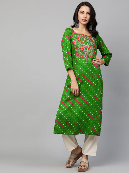 Bandhani & Floral Embroidered Straight Kurta - Green