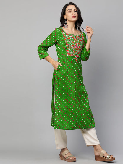 Bandhani & Floral Embroidered Straight Kurta - Green