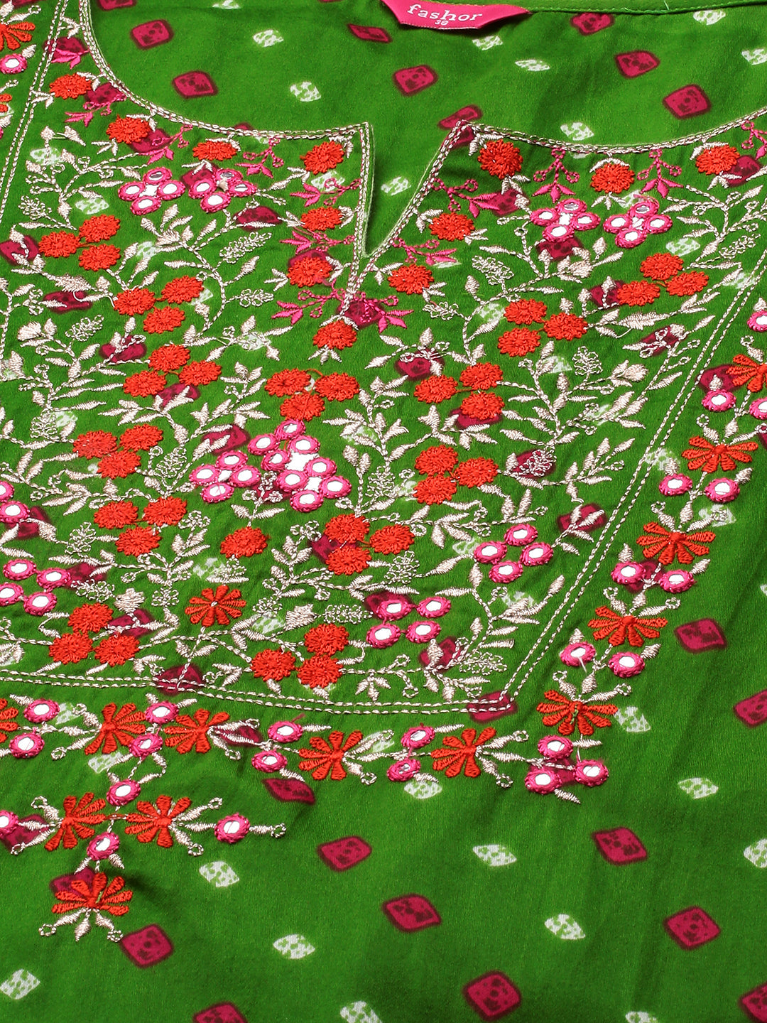 Bandhani & Floral Embroidered Straight Kurta - Green