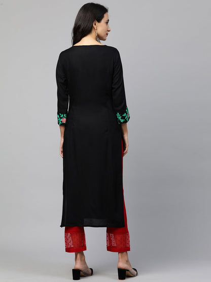 Floral Embroidered Straight Kurta - Black