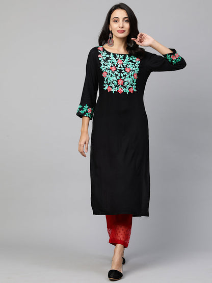 Floral Embroidered Straight Kurta - Black