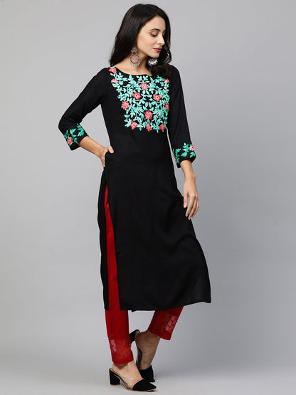 Floral Embroidered Straight Kurta - Black