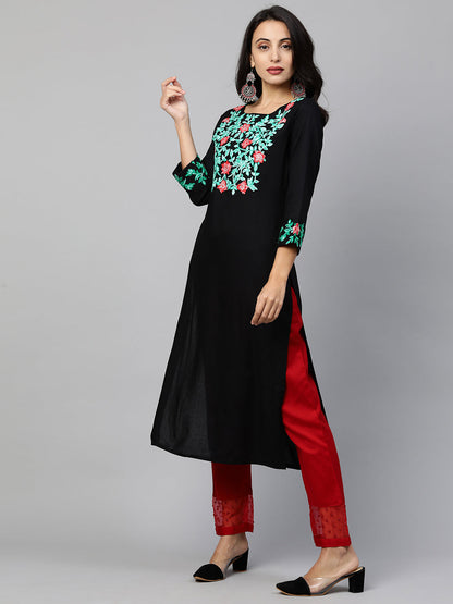 Floral Embroidered Straight Kurta - Black