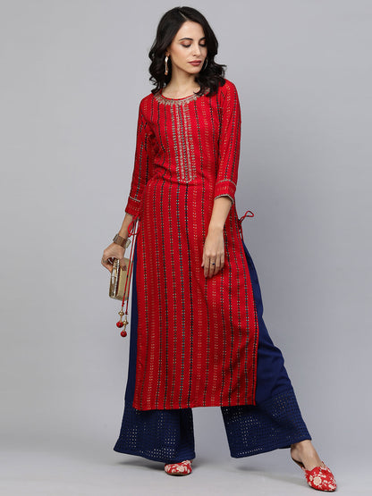 Ethnic Printed & Hand Embroidered Straight Kurta - Red