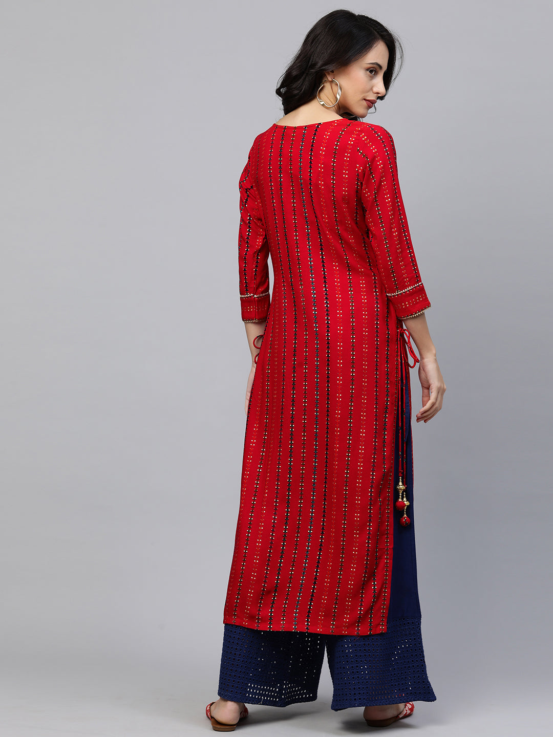 Ethnic Printed & Hand Embroidered Straight Kurta - Red