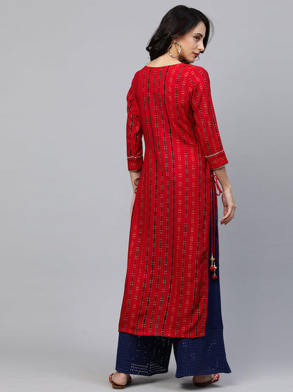 Ethnic Printed & Hand Embroidered Straight Kurta - Red