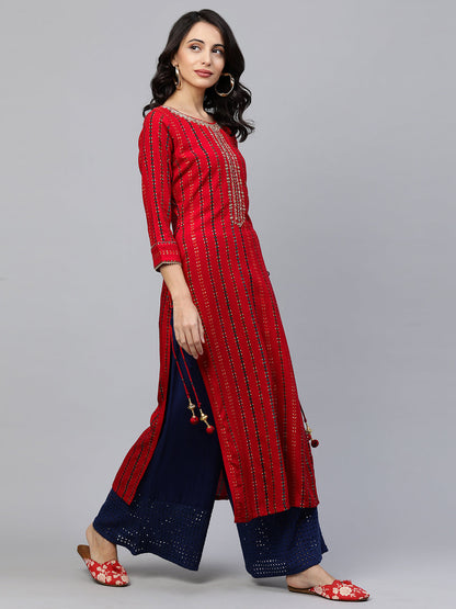 Ethnic Printed & Hand Embroidered Straight Kurta - Red