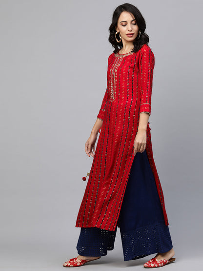 Ethnic Printed & Hand Embroidered Straight Kurta - Red