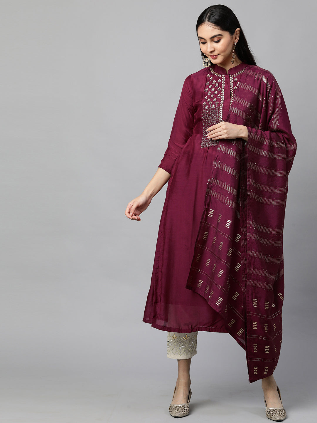 Festive Embroidered Kurta with Woven Zari Dupatta - Burgundy