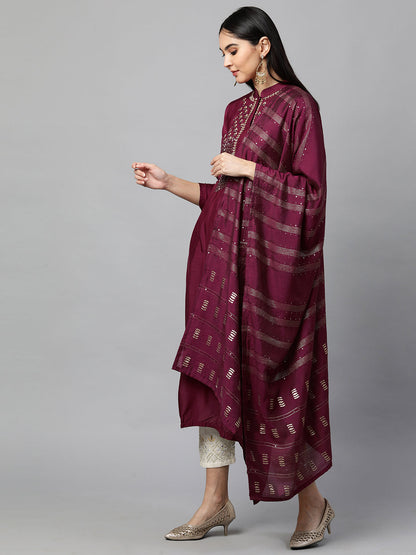 Festive Embroidered Kurta with Woven Zari Dupatta - Burgundy