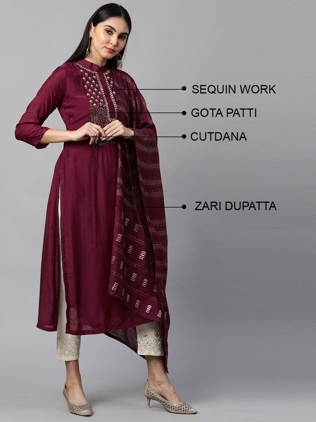 Festive Embroidered Kurta with Woven Zari Dupatta - Burgundy