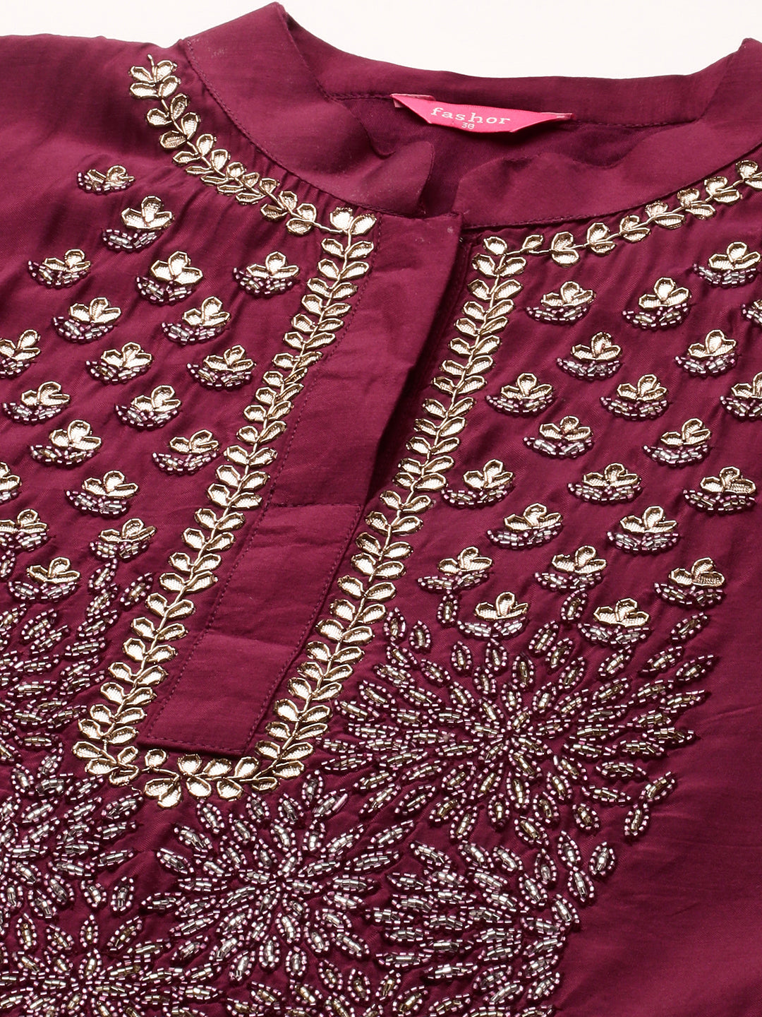 Festive Embroidered Kurta with Woven Zari Dupatta - Burgundy