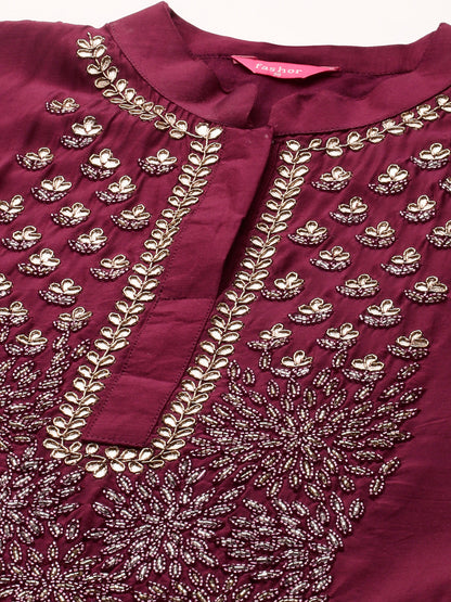 Festive Embroidered Kurta with Woven Zari Dupatta - Burgundy