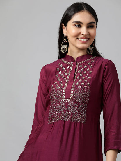 Festive Embroidered Kurta with Woven Zari Dupatta - Burgundy