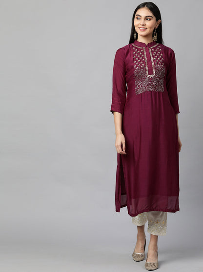 Festive Embroidered Kurta with Woven Zari Dupatta - Burgundy