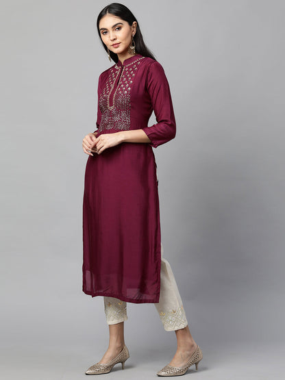 Festive Embroidered Kurta with Woven Zari Dupatta - Burgundy