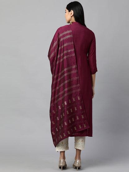 Festive Embroidered Kurta with Woven Zari Dupatta - Burgundy