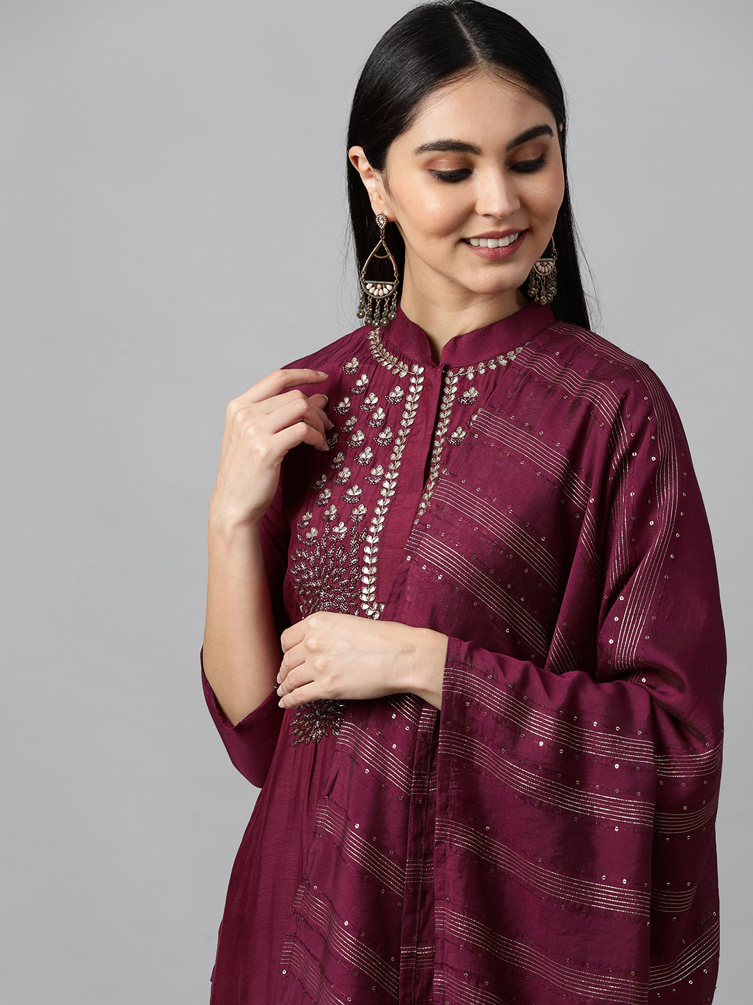 Festive Embroidered Kurta with Woven Zari Dupatta - Burgundy