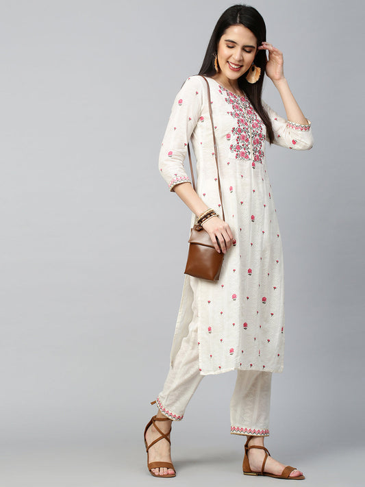 Floral Embroidered Kurta with Pant - Off White