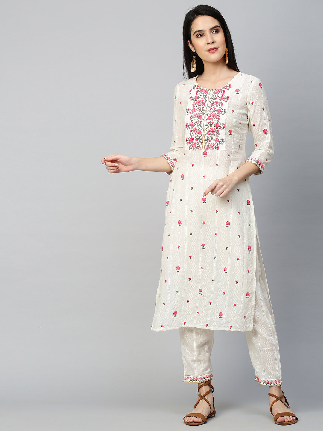 Floral Embroidered Kurta with Pant - Off White