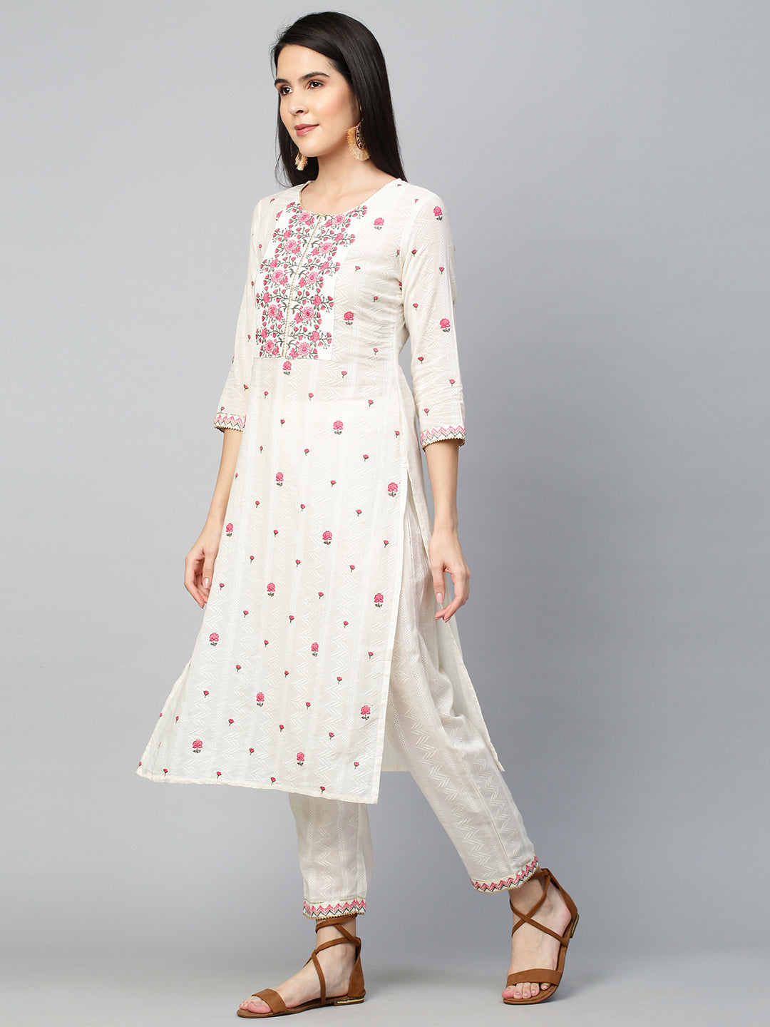 Floral Embroidered Kurta with Pant - Off White