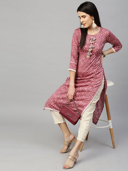 Batik Printed & Embroidered Straight Kurta - Rouge Pink