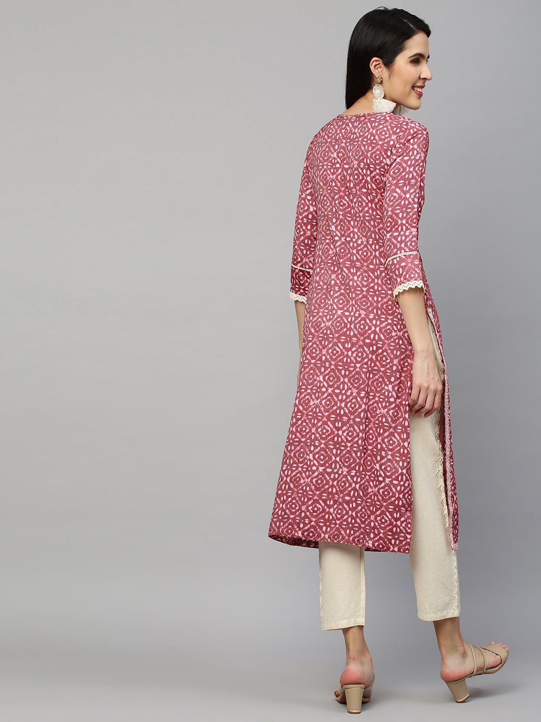 Batik Printed & Embroidered Straight Kurta - Rouge Pink