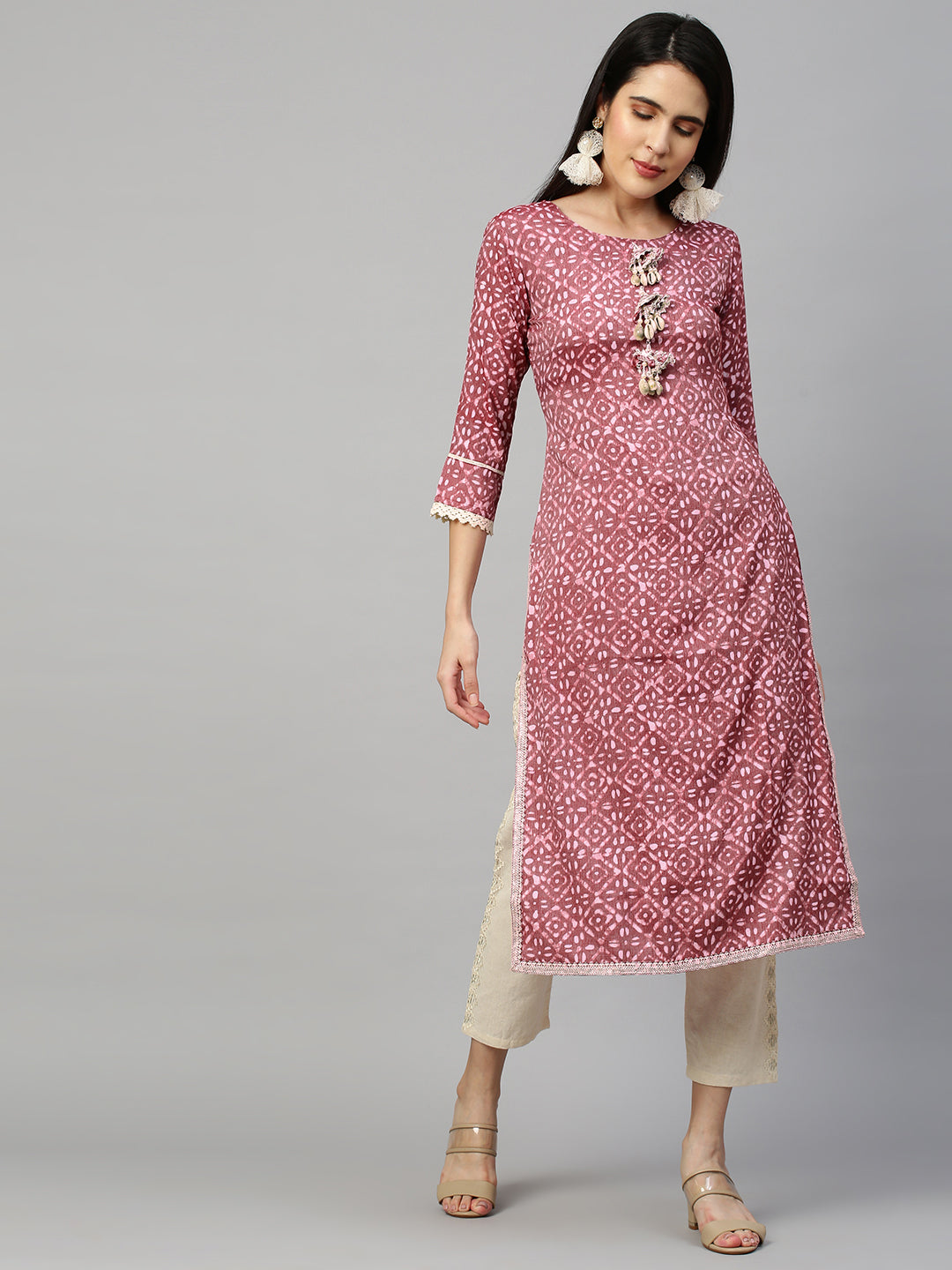 Batik Printed & Embroidered Straight Kurta - Rouge Pink