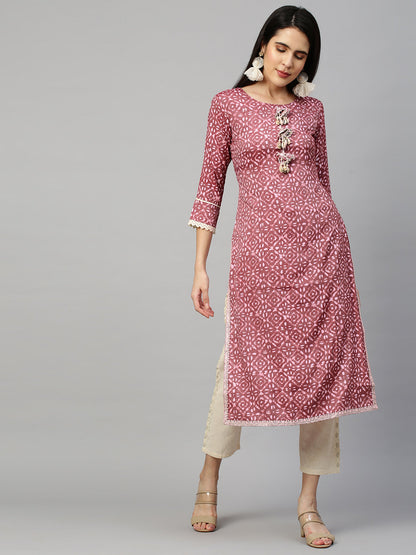 Batik Printed & Embroidered Straight Kurta - Rouge Pink