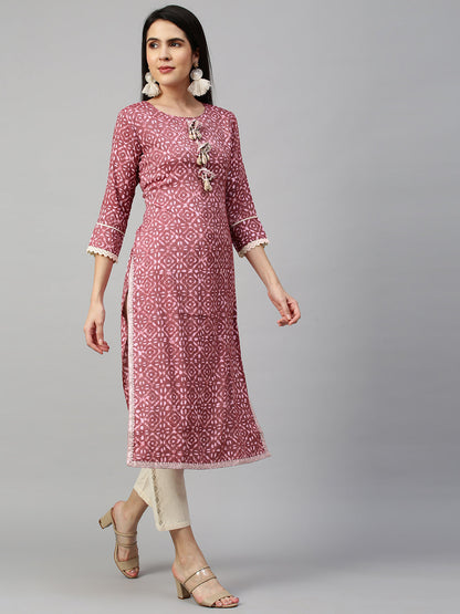 Batik Printed & Embroidered Straight Kurta - Rouge Pink