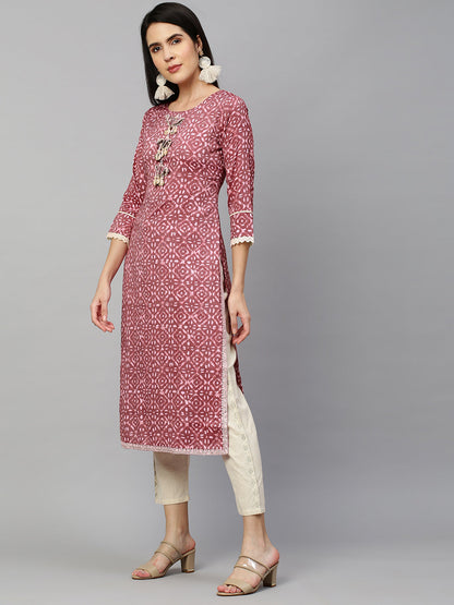 Batik Printed & Embroidered Straight Kurta - Rouge Pink