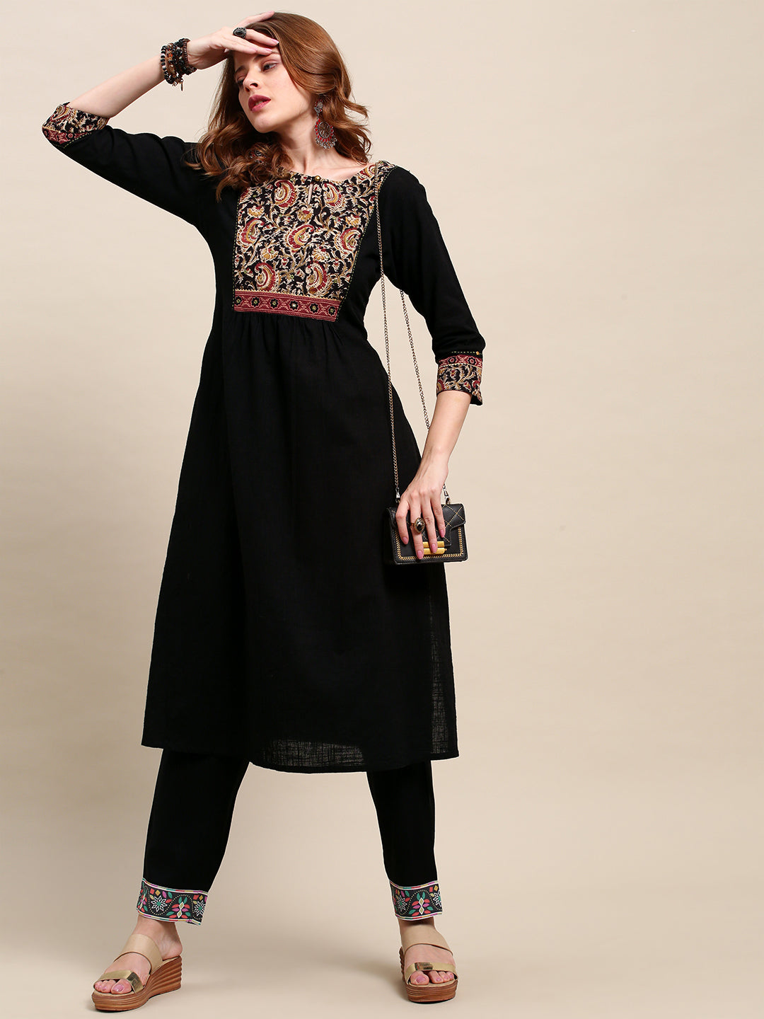 Black Solid A-Line Flared Kurta - Black