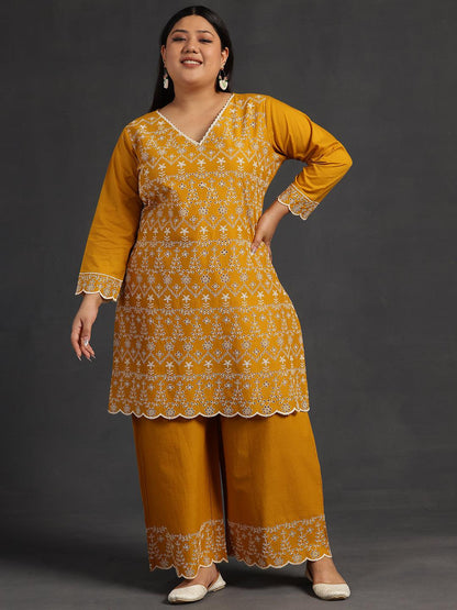 Plus Size Mustard Embroidered Cotton Co-Ords