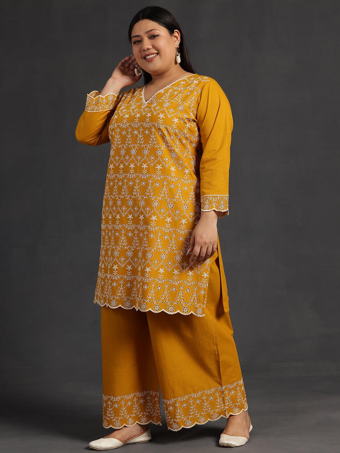 Plus Size Mustard Embroidered Cotton Co-Ords