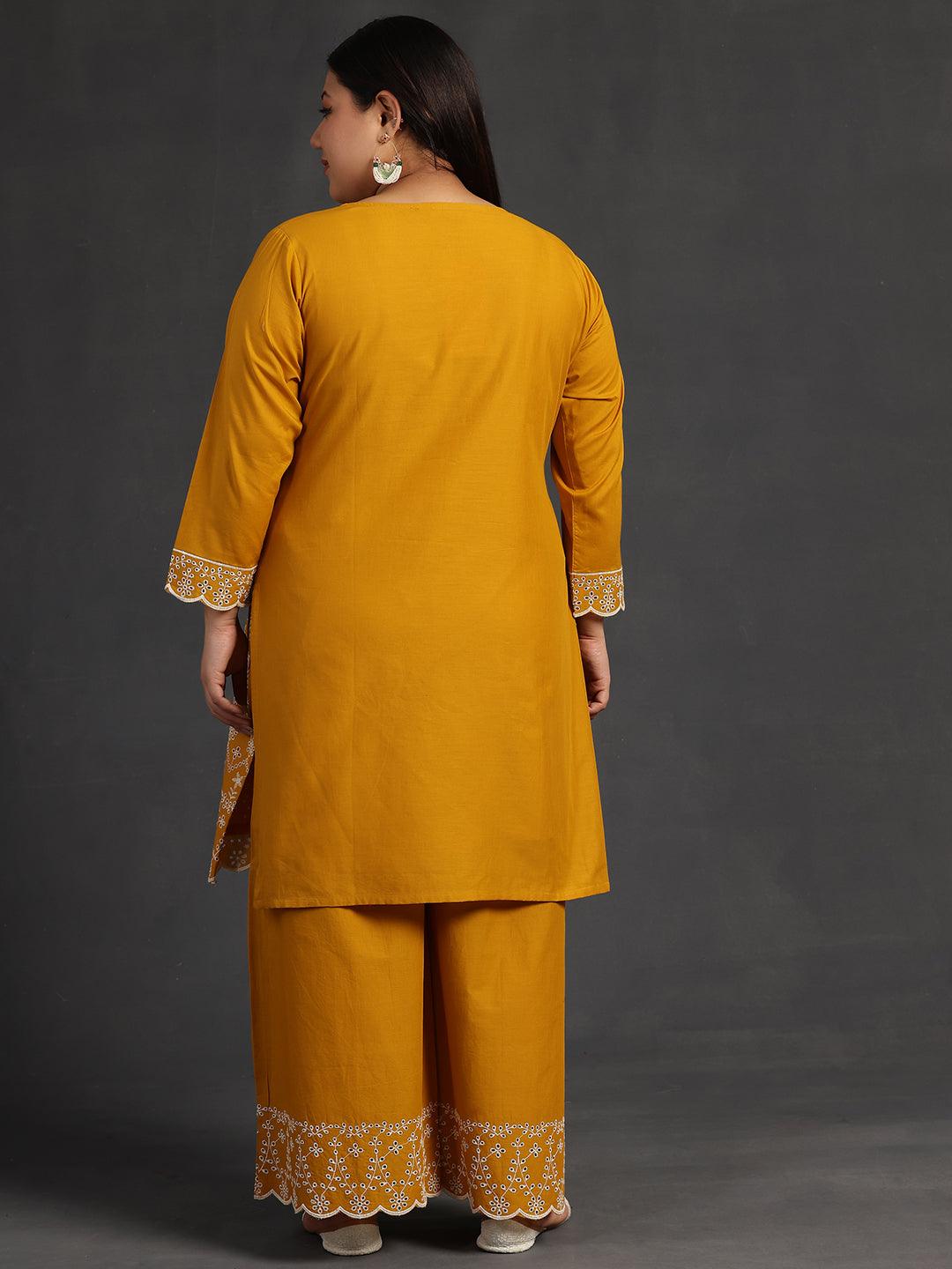 Plus Size Mustard Embroidered Cotton Co-Ords