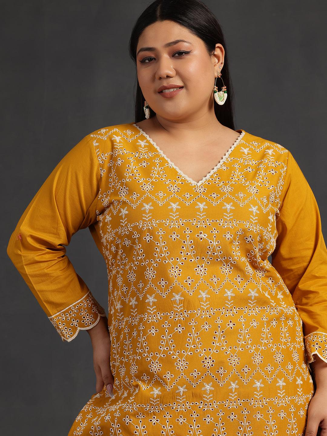 Plus Size Mustard Embroidered Cotton Co-Ords