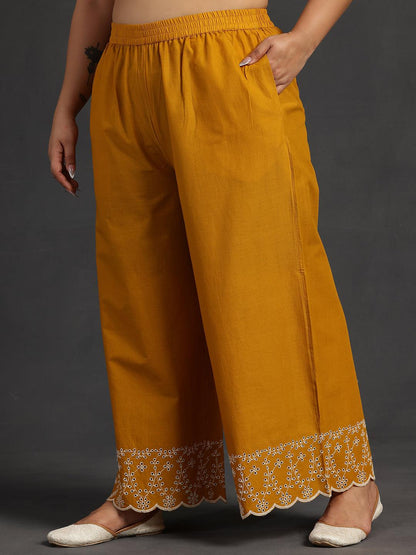 Plus Size Mustard Embroidered Cotton Co-Ords