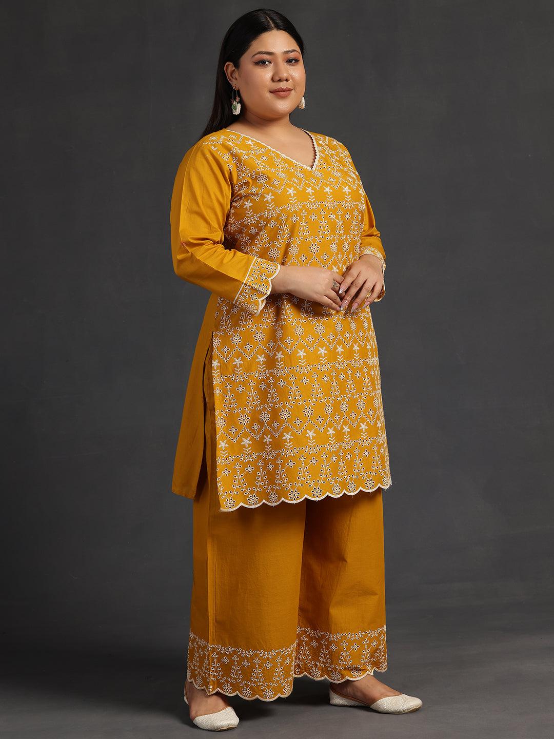 Plus Size Mustard Embroidered Cotton Co-Ords