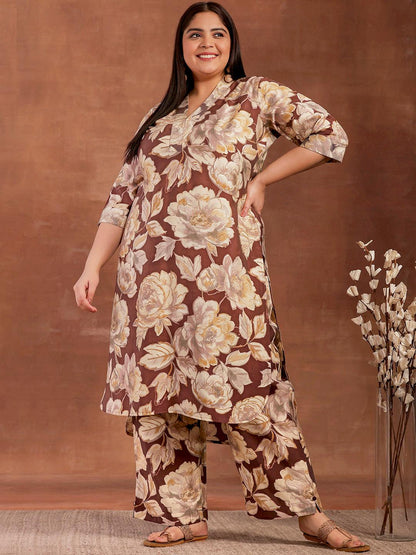 Plus Size Brown Printed Silk Blend Co-Ords