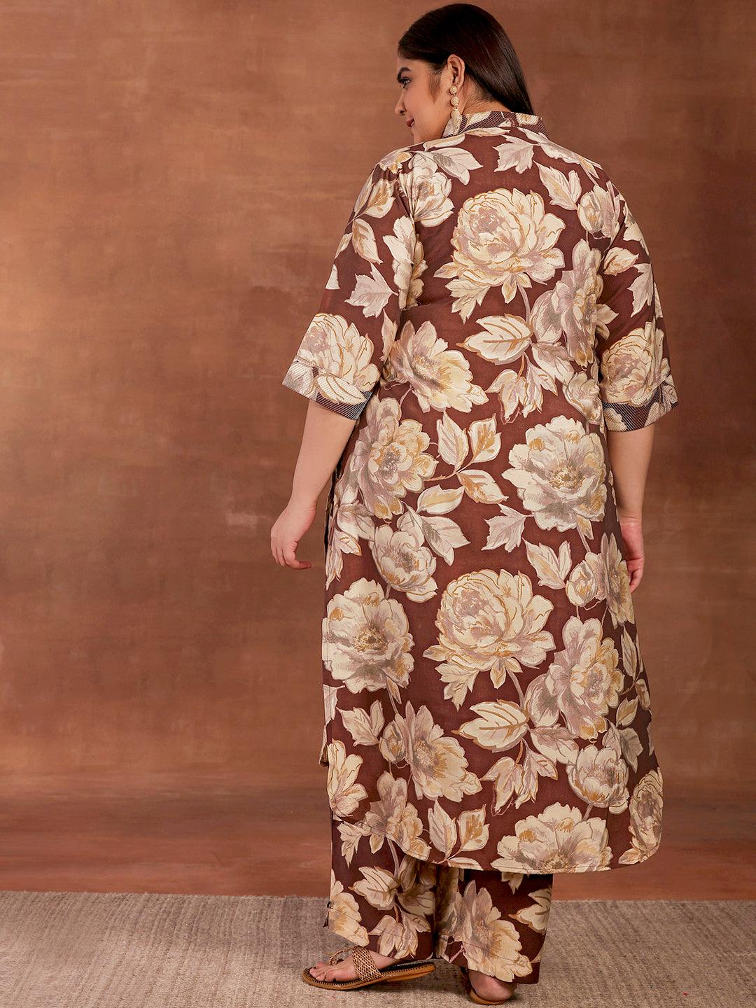 Plus Size Brown Printed Silk Blend Co-Ords