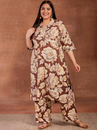 Plus Size Brown Printed Silk Blend Co-Ords