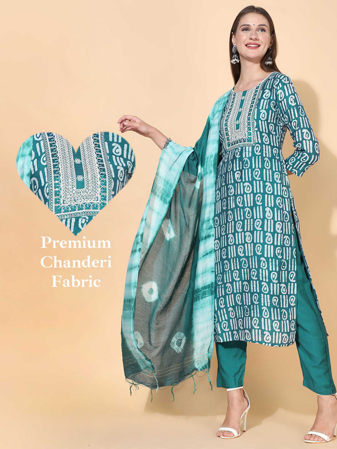 Ethnic Printed & Embroidered Kurta with Pants & Dupatta – Teal Green