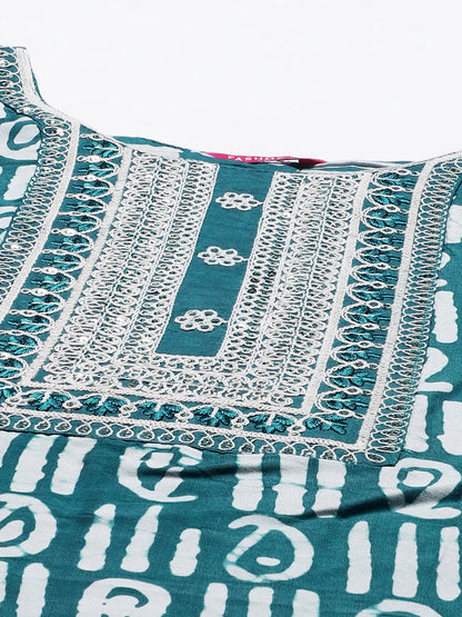 Ethnic Printed & Embroidered Kurta with Pants & Dupatta – Teal Green